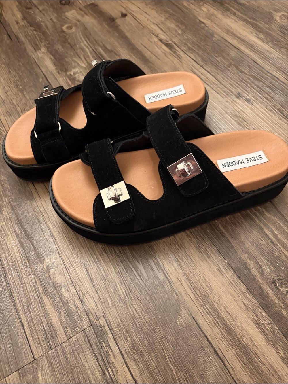Steve Madden Black Suede Double Buckle Slide Sandals with Tan Footbed
